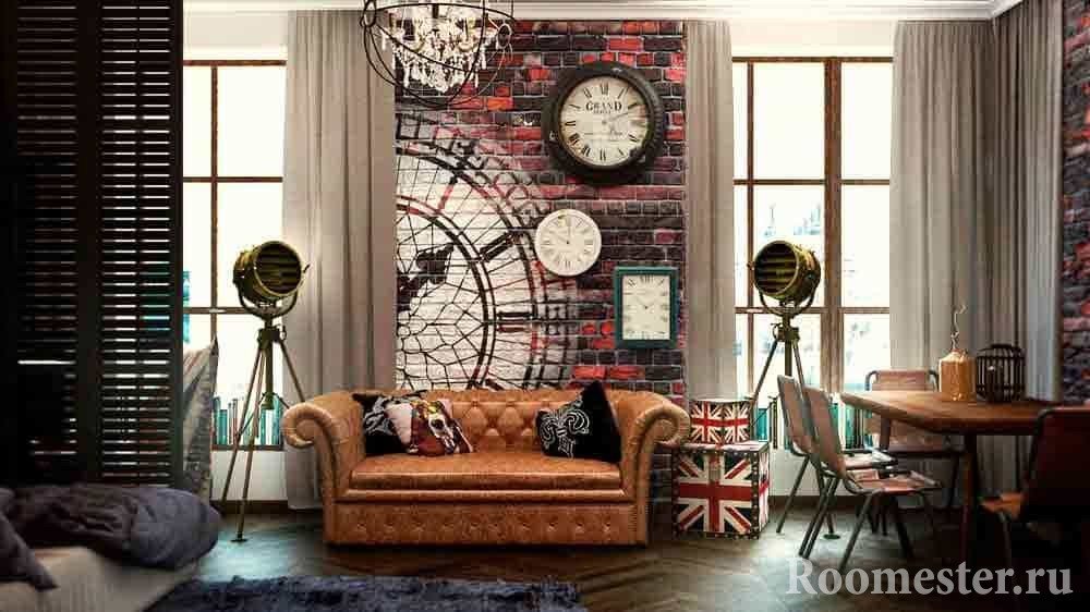 Grunge living room na may leather sofa at hindi pangkaraniwang lampara