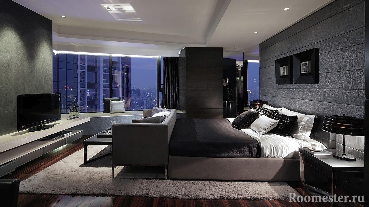 High-tech stil u spavaćoj sobi s panoramskim prozorom