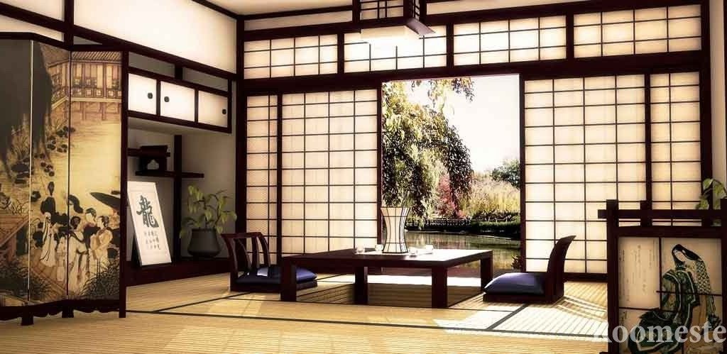Japansk stil i det indre av huset og leiligheten