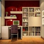 Lugar de trabajo con muebles blancos y una pared de color burdeos.