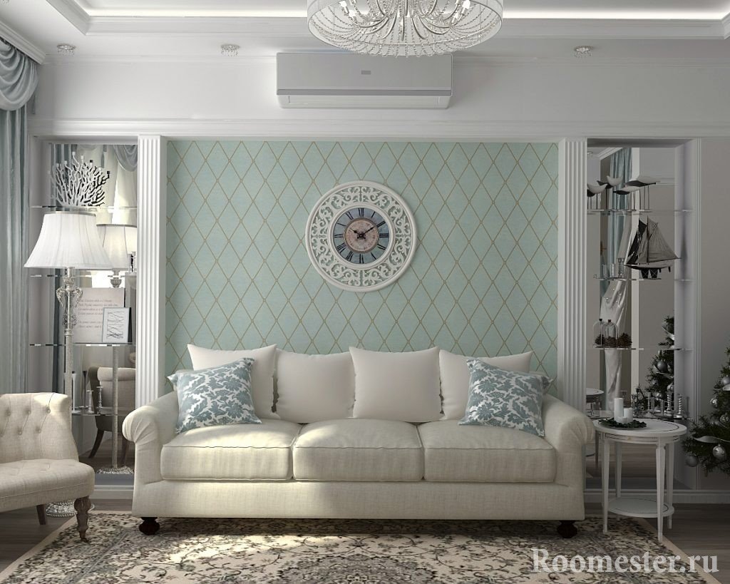 Salón interior con tonos pastel