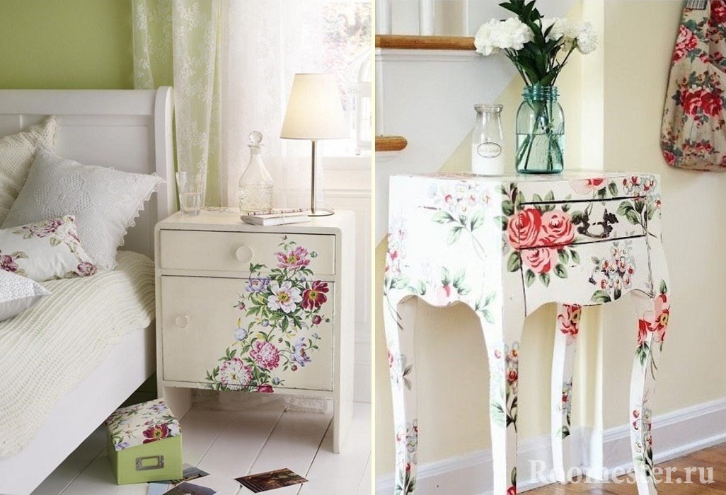Mønstre af blomster på natbordet og bordet
