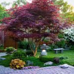 Banco de piedra y lámpara debajo de un árbol
