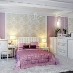 Interior de dormitorio blanco y morado