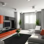 Decoración naranja en un interior luminoso.