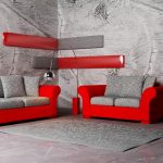 Interior gris con decoración roja.