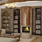 Chimenea y estanterías de madera.