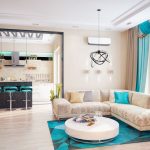 Interior de salón beige y turquesa