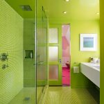 Ducha de cristal y paredes verdes.