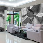 Papel tapiz 3d en la sala de estar con una ventana panorámica