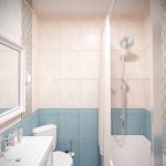 Diseño de baño con azulejos en dos colores.
