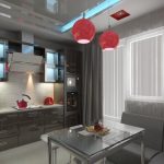 Candelabros rojos en un interior de cocina gris