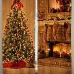 Árbol de navidad y chimenea en las cortinas