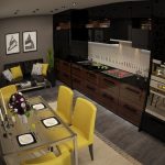 Cocina oscura con detalles en amarillo.