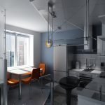 Sillas naranjas en un interior de cocina gris