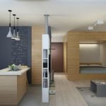 Interior del apartamento con áreas de cocina, comedor y dormitorio.