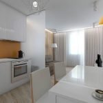 Cocina blanca con delantal naranja