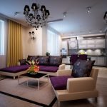 Sofá de esquina, sillón y mesa en la sala de estar