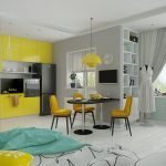 Muebles amarillos en un interior gris.