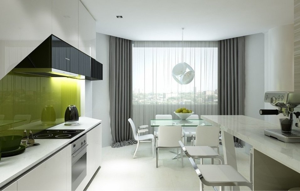 Bijeli kuhinjski interijer sa sivim zavjesama