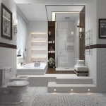 Pasos y estantes con luz de fondo en el baño.