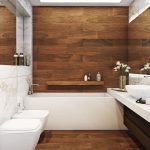 Azulejos de madera en el interior del baño.