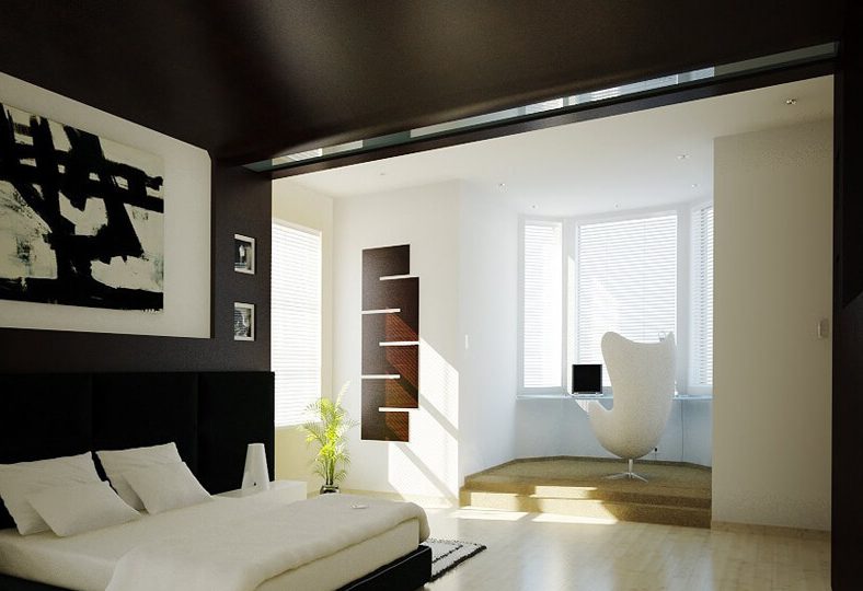 Acogedora habitación con techo negro y paredes.
