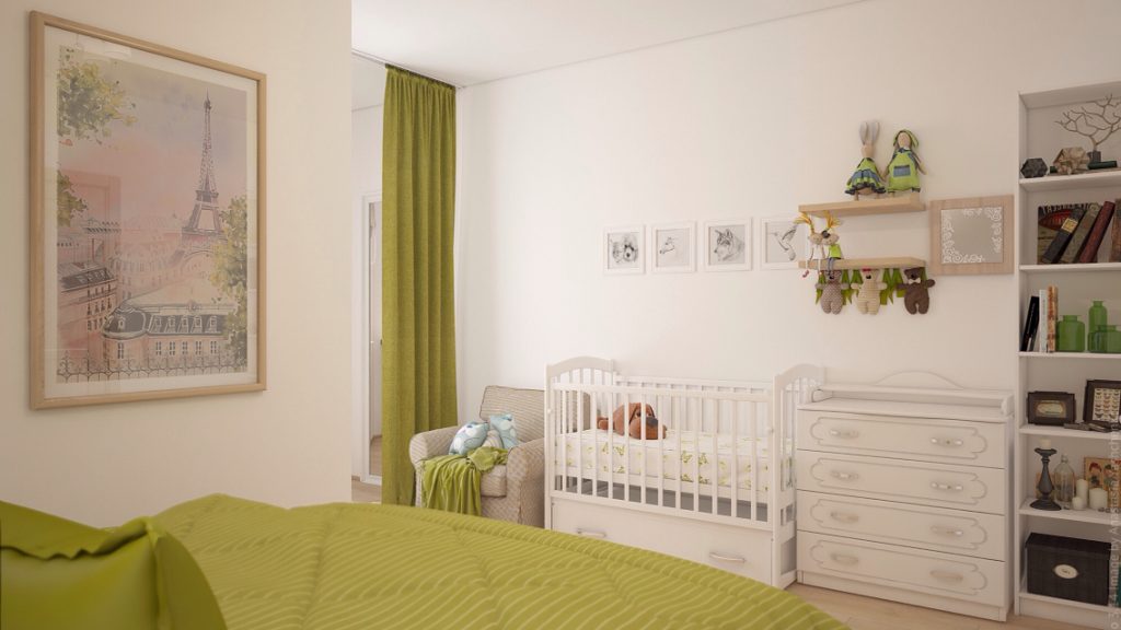 Disenyo ng silid-tulugan na may kuna