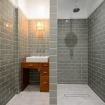 La partición entre la ducha y el lavabo.