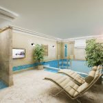 Macetas con árboles de interior junto a la piscina.