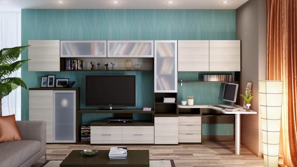 Design obývacího pokoje s počítačovým stolem