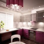 Diseño de una pequeña cocina morada con ventana.