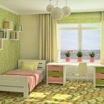 Diseño inusual de la habitación en colores rosa y verde.
