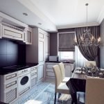 La combinación de un delantal negro y muebles blancos.
