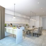 Cocina blanca con comedor beige