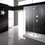 Blanco y negro en el diseño del baño con ducha.