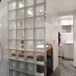 La partición entre la ducha y el lavabo.