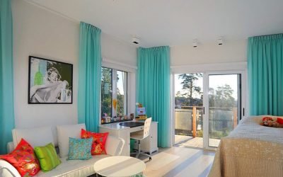 Cortinas turquesas en el interior: tipos de telas, combinaciones de colores.