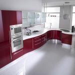 La combinación de pisos blancos y muebles de cerezo.
