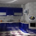 Cocina azul con una caja en la esquina.