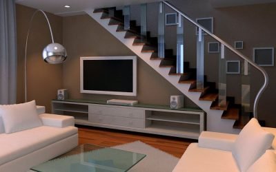 Salón interior con escaleras al segundo piso