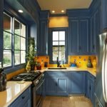 Una combinación de un delantal amarillo y muebles azules.