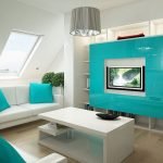 Muebles de color Tiffany y textiles en el interior.