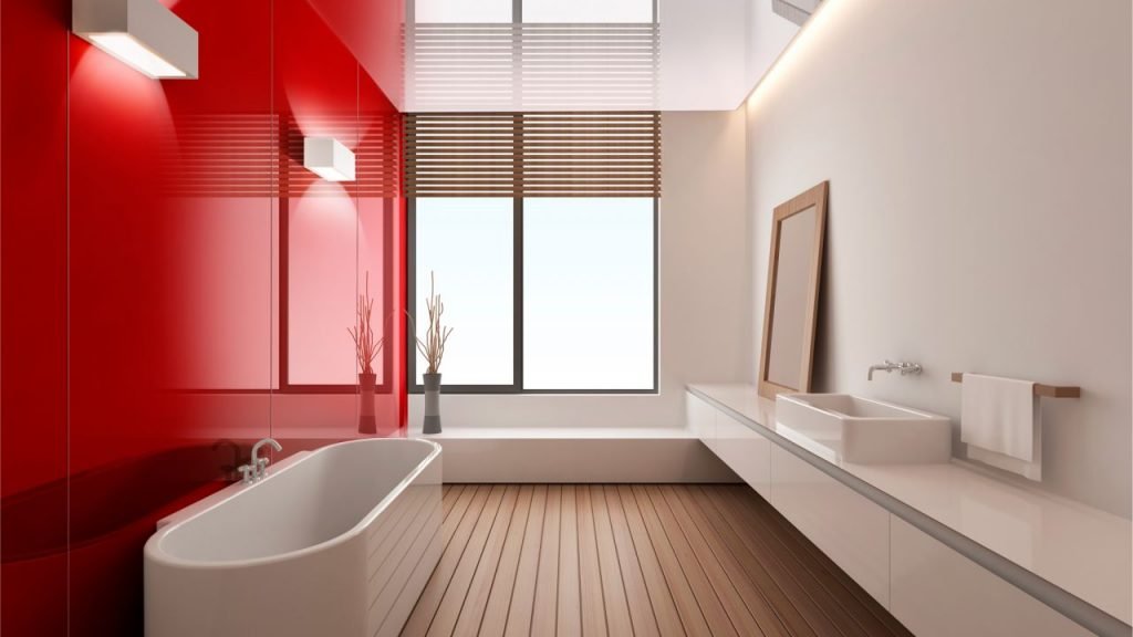 Mga pulang panel ng baso sa banyo