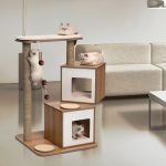 Complejo de juegos para gatos en el pasillo cerca del sofá