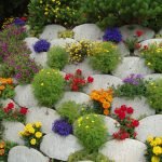 Decoración de flores con flores atrofiadas y piedras naturales.