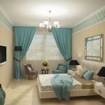 Interior de dormitorio beige y turquesa