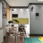 La combinación de muebles blancos y un delantal amarillo.