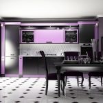 Cocina en blanco y negro con detalles morados