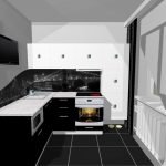 Diseño de una pequeña cocina en blanco y negro.
